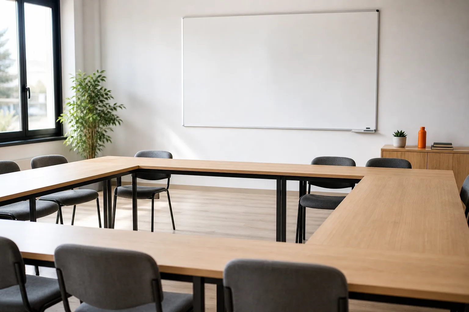 Sala de formación con sillas en U y una pizarra en blanco