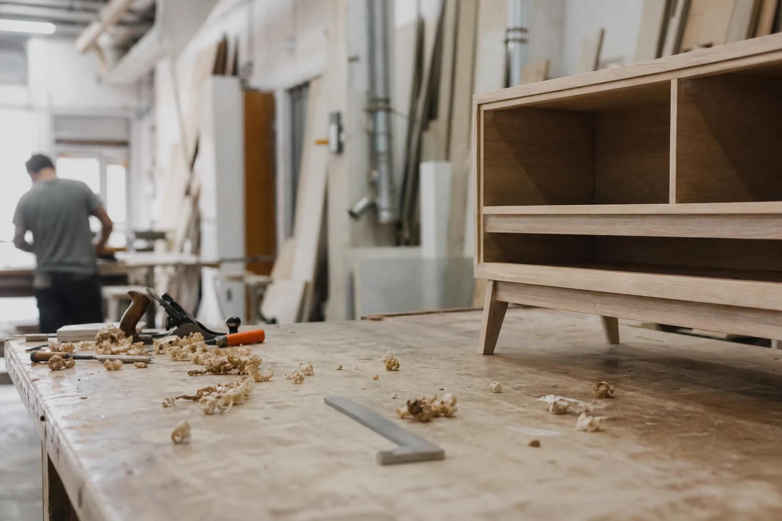 Taller de mueble con viruta y una pieza a medio hacer