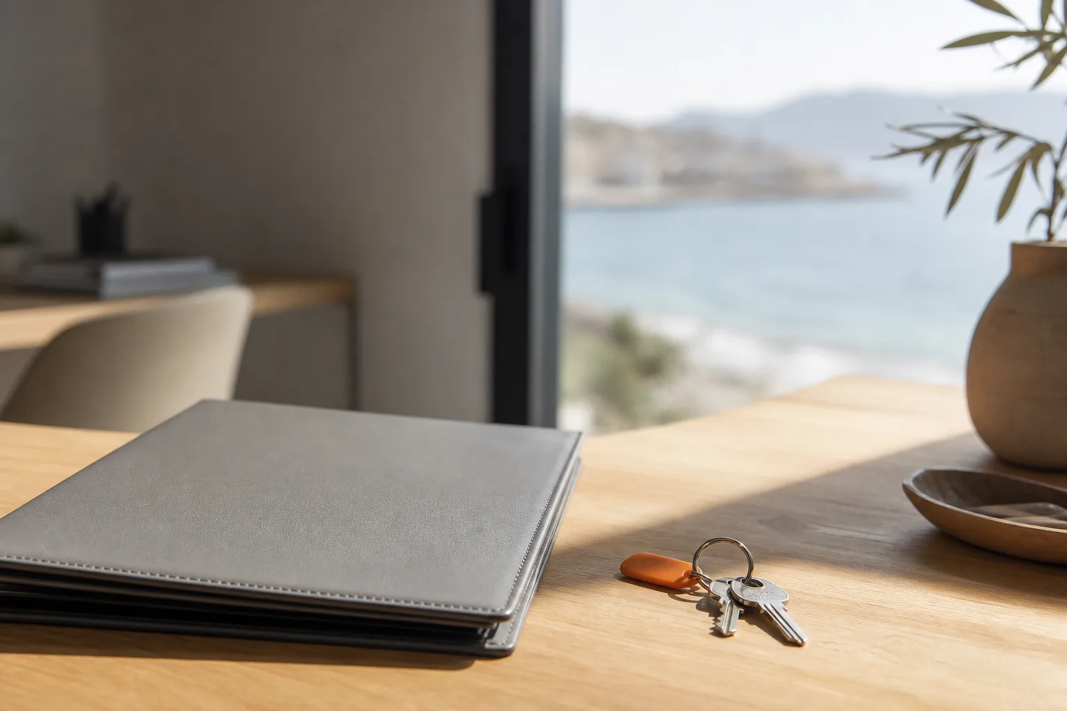 Llaves y una carpeta sobre la mesa, junto a una ventana con luz de costa