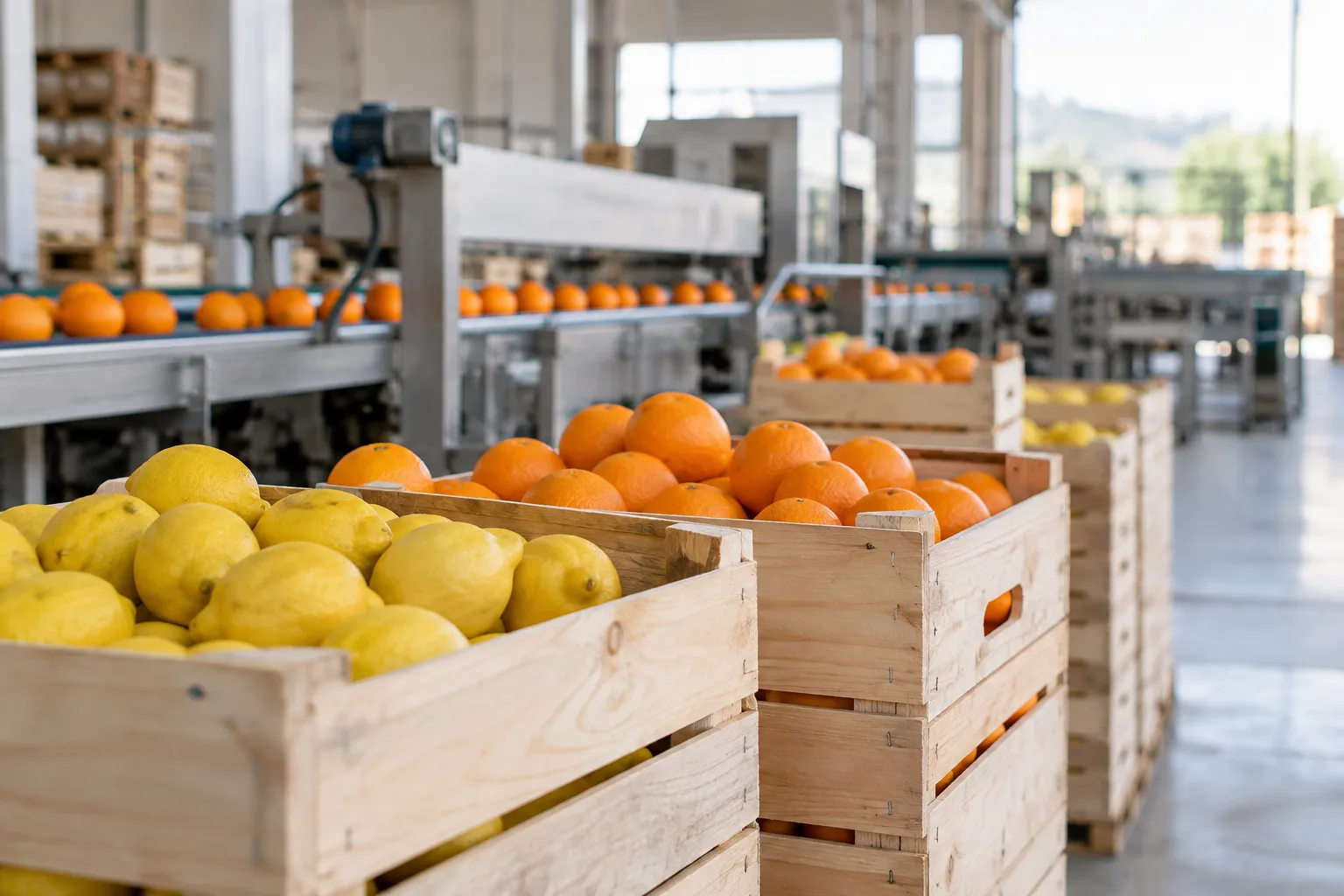 Almacén de manipulado de fruta con cajas de cítricos