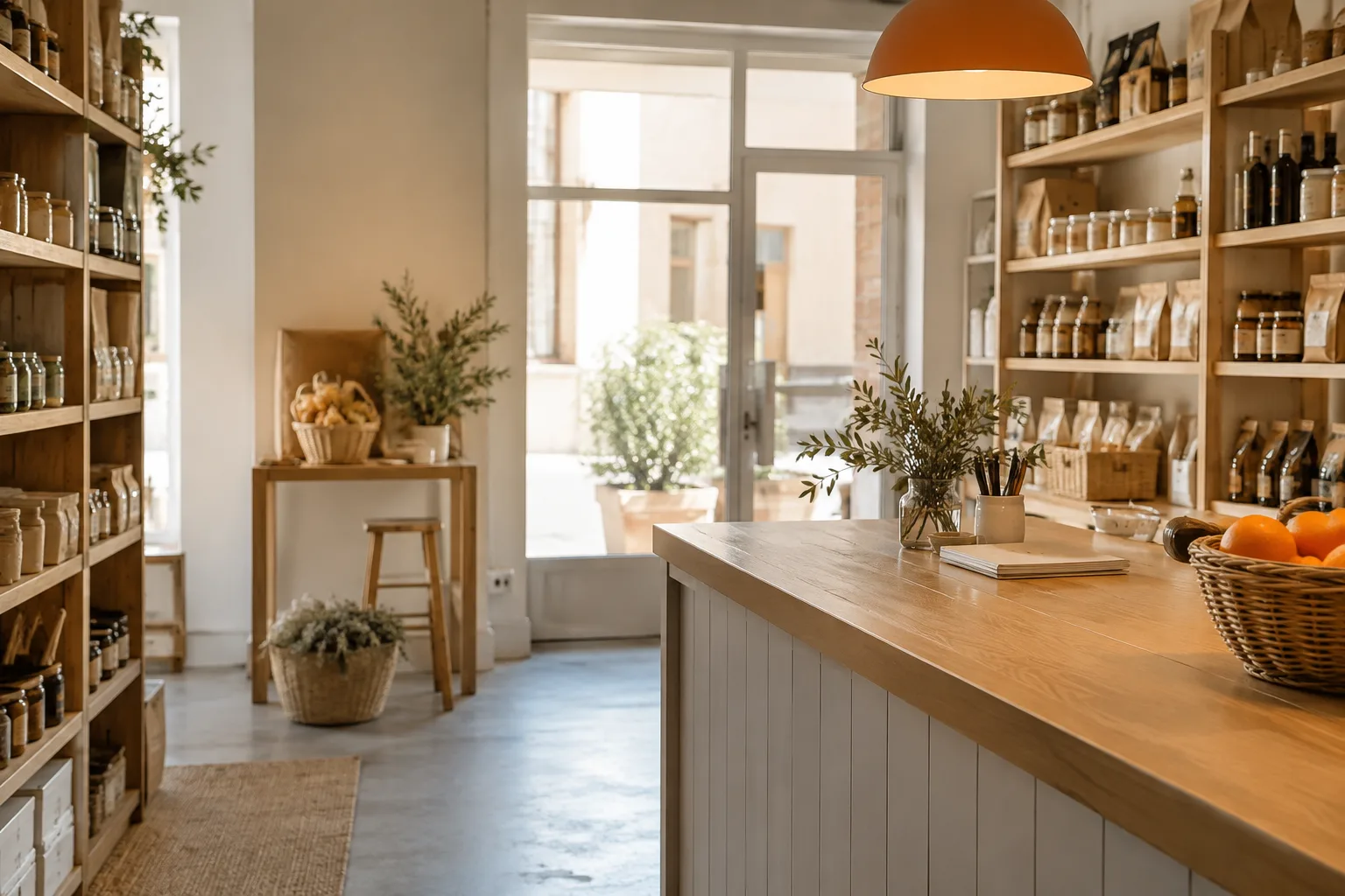 Interior de una tienda de barrio con estanterías de madera