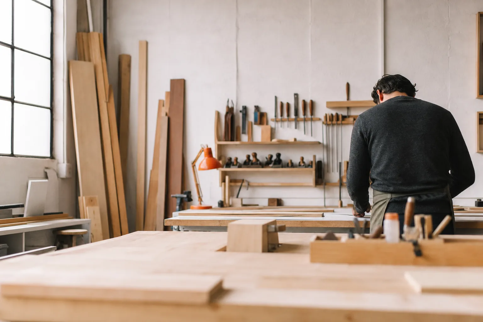 Taller industrial con madera y herramientas